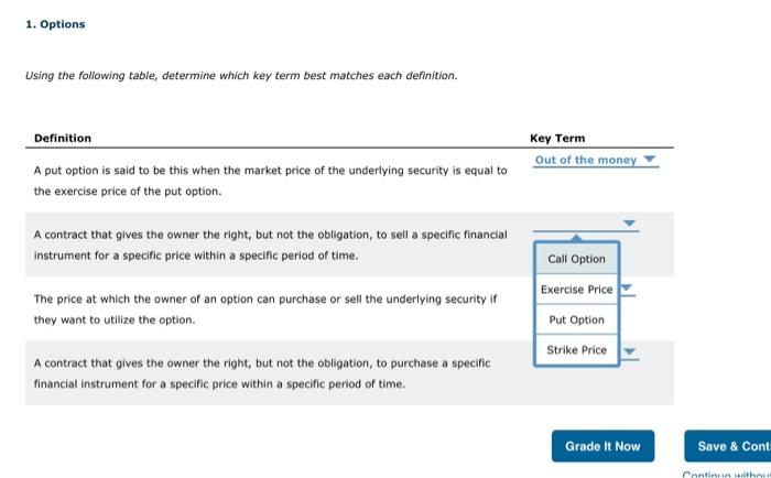  1. Options Using the following table, determine which key term best