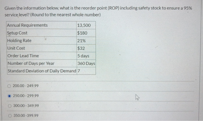  Given the information below, what is the reorder point (ROP) including