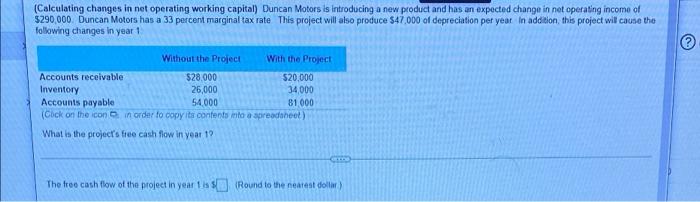  (Calculating changes in net operating working capital) Duncan Motors is introducing