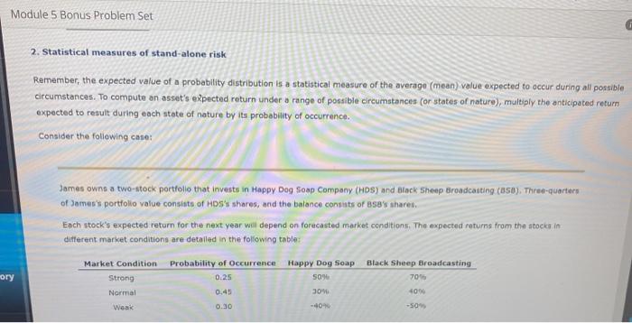  Module 5 Bonus Problem Set 2. Statistical measures of stand-alone risk