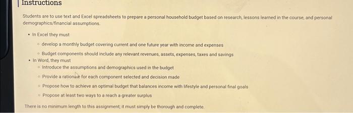  Students are to use text and Excel spreadsheets to prepare a