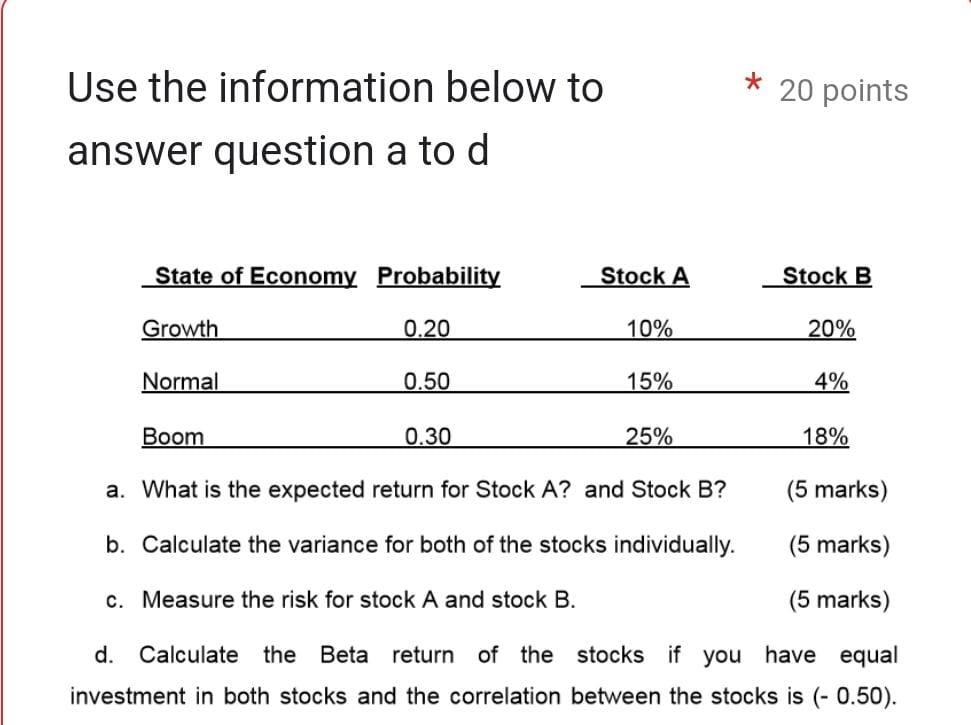 a. What is the expected return for Stock A? and Stock