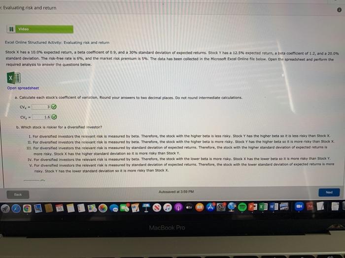  Evaluating risk and return Video Excel Online Structured Activity: Evaluating risk