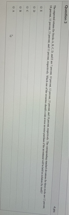  Question 3 4 pts The expected returns for Stocks A. B,