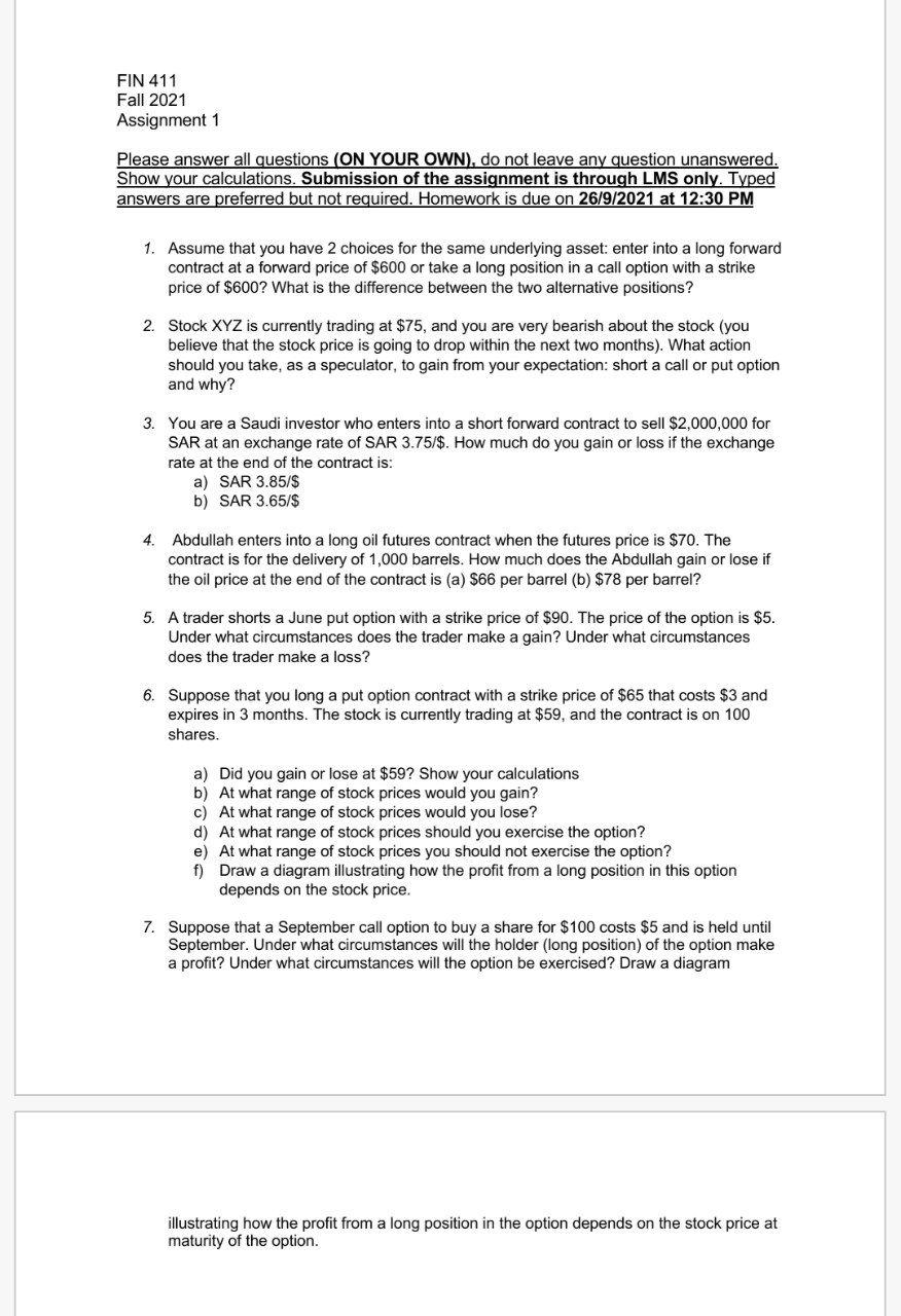 FIN 411 Fall 2021 Assignment 1 Please answer all questions (ON