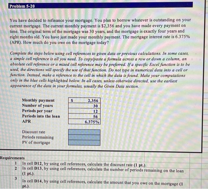 please use excel formulas to complete this. thank you! Problem 5-20 You