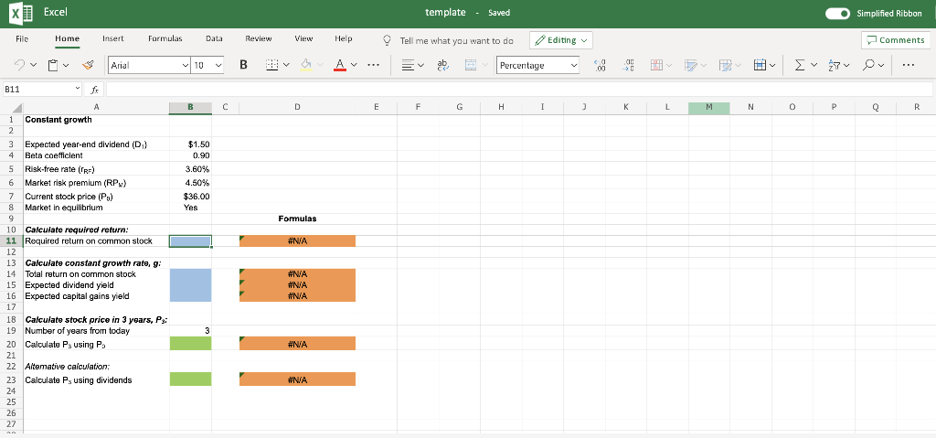  X Excel template - Saved Simplified Ribbon File Home Insert Formulas