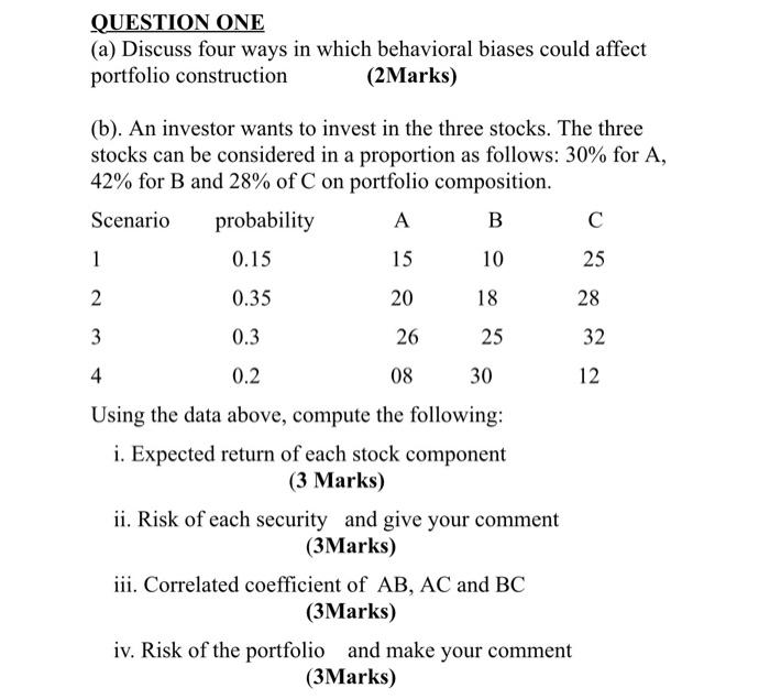 please help QUESTION ONE (a) Discuss four ways in which behavioral biases