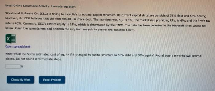  Excel Online Structured Activity: Hamada equation Situational Software Co. (SSC) is