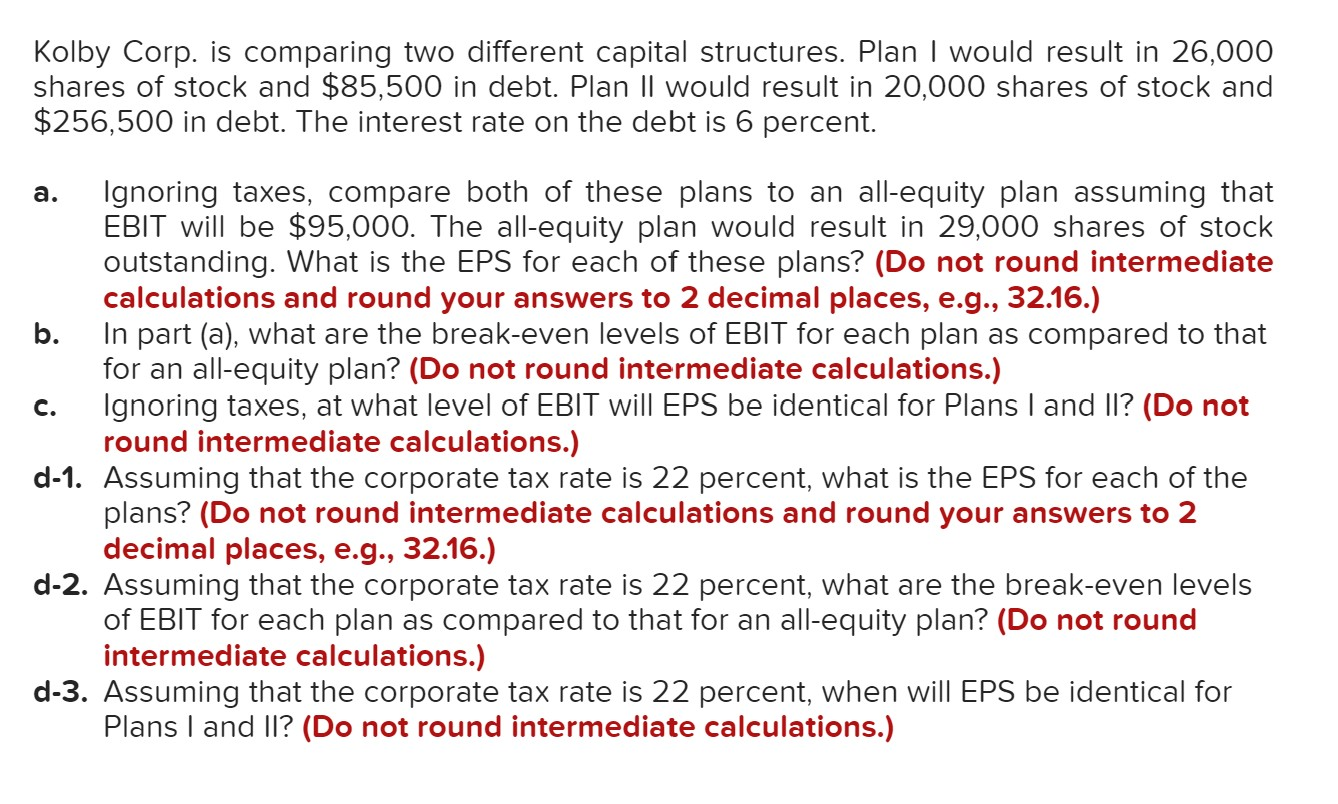 EPS Plan I and all-equity break-even EBIT Plan II and all-equity break-even