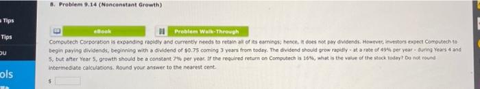  8. Problem 9,14 (Nonconstant Growth) Tips Tips DU amani Problem Walkthrough