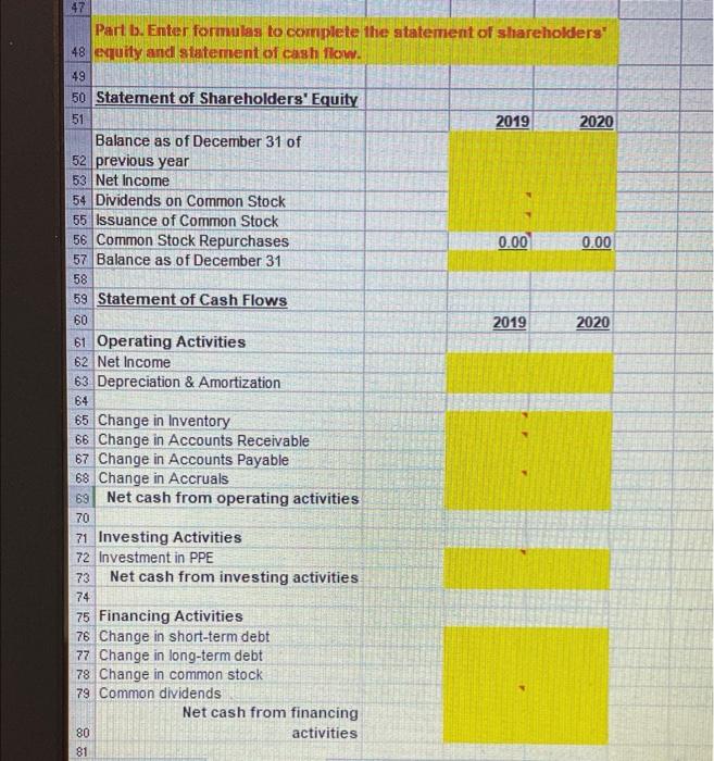 Part a. Enter formulas to complete the balance sheet and income 10