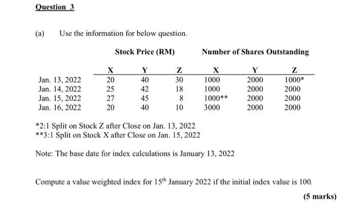3a Question 3 (a) Use the information for below question. Stock Price