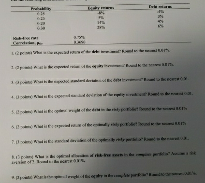  How to solve \table[[Prohability,Equity retures,Debt returns],[0.25,-8%,-4% 