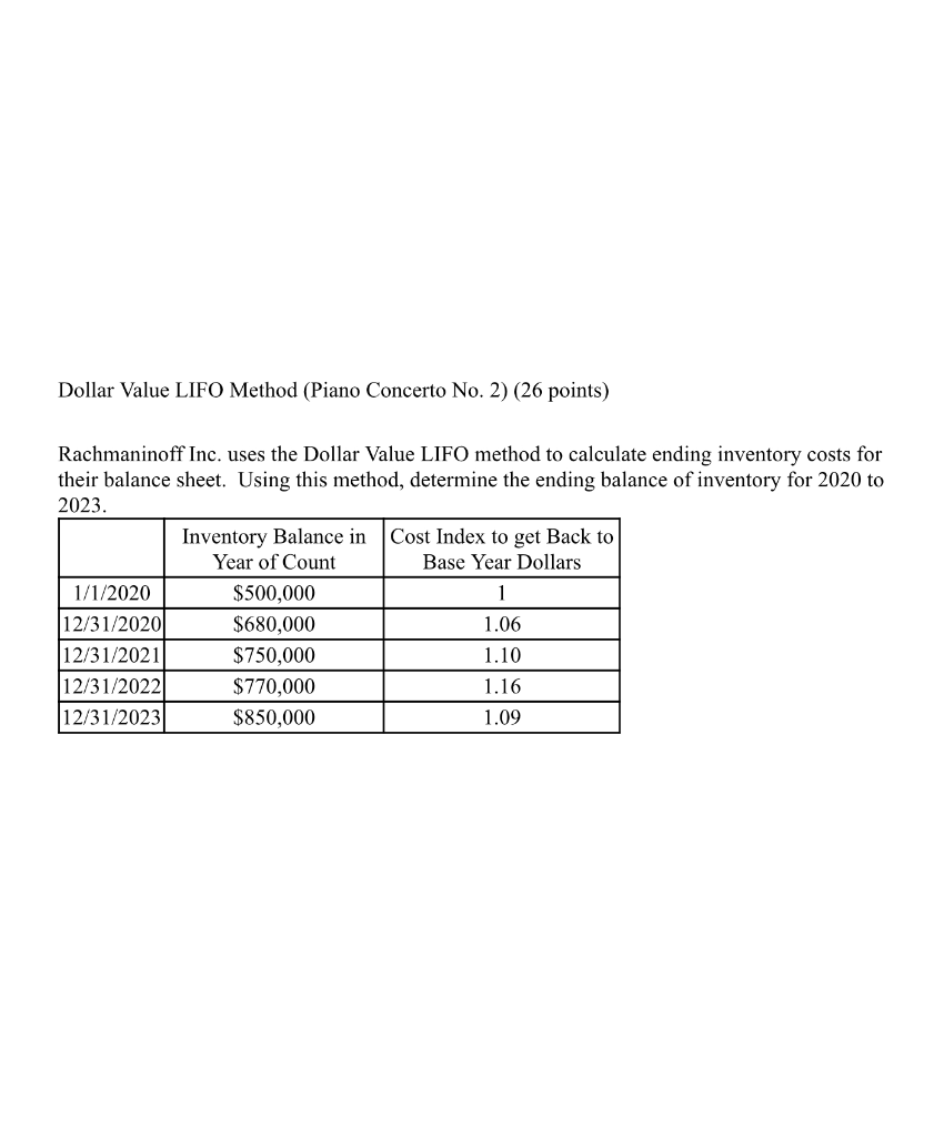  Dollar Value LIFO Method (Piano Concerto No. 2) (26 points) Rachmaninoff