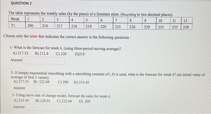  QUESTION 2 The table represents the weekly sales (by the piece)
