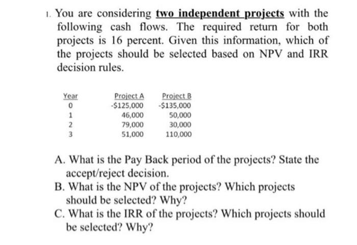  1. You are considering two independent projects with the following cash