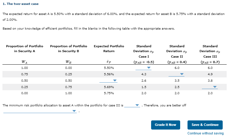 1. The two-asset case The expected return for asset A is