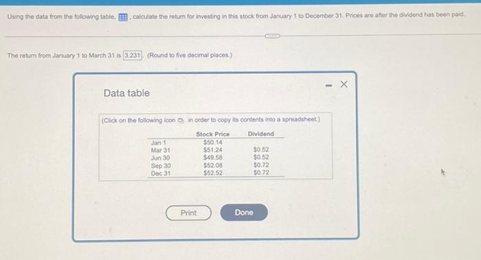  Using the data from the following table, Calculate the retum for