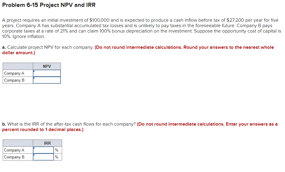 Problem 6-15 Project NPV and IRR A project requires an initial