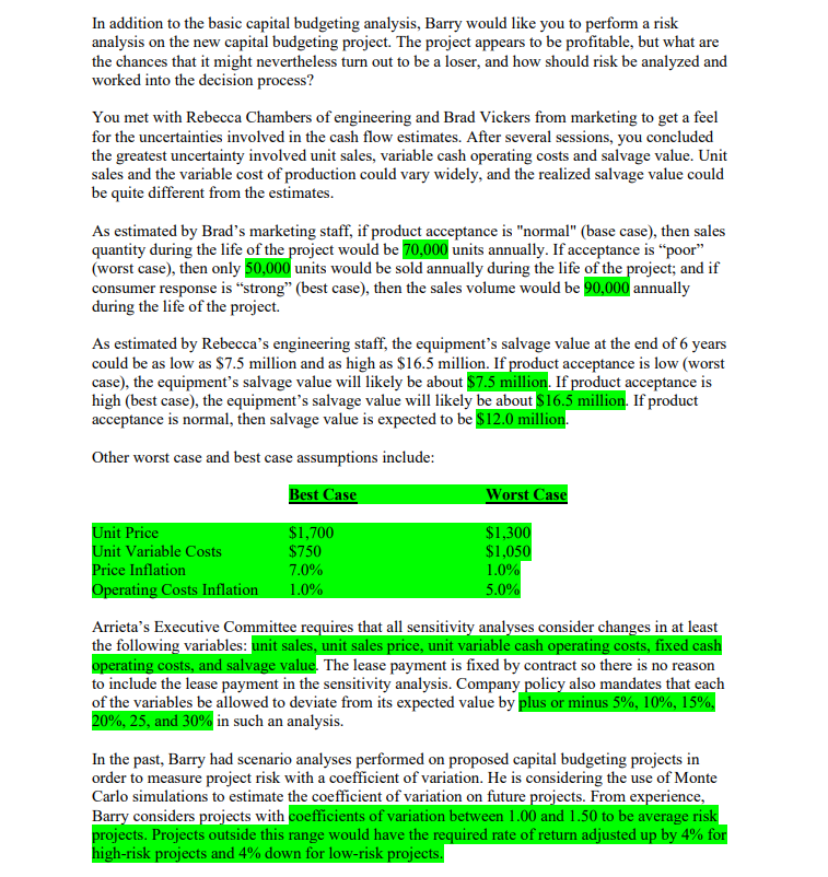 unit sales price, unit variable cash operating costs, fixed cash operating costs,