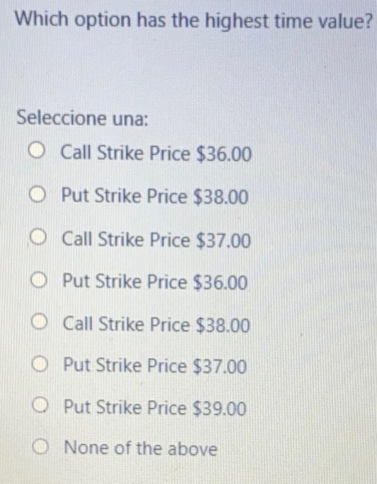  Which option has the highest time value? Seleccione una: O Call