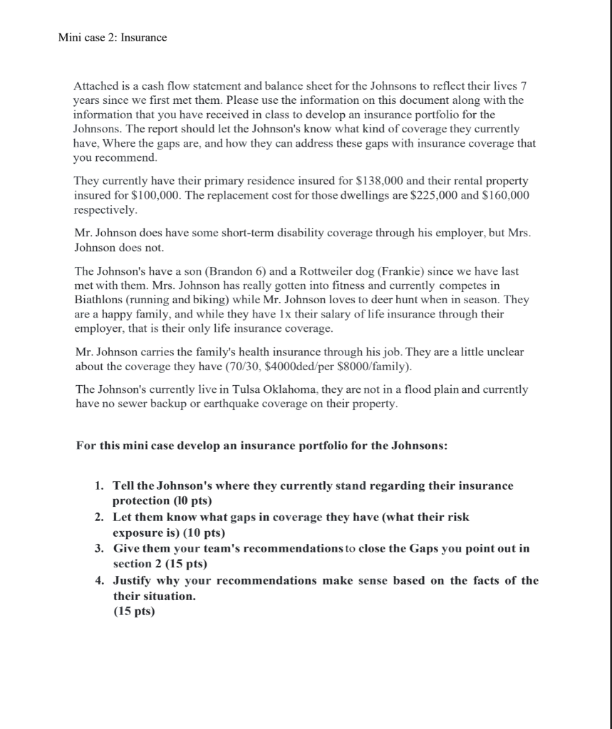  Mini case 2: Insurance Attached is a cash flow statement and
