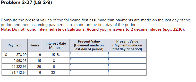  Problem 2-27(LG 2-9) Compute the present values of the following first