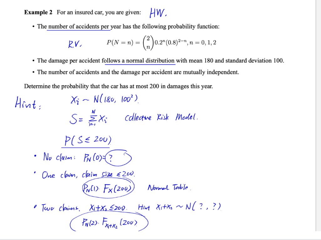  Example 2 For an insured car, you are given: HW. The