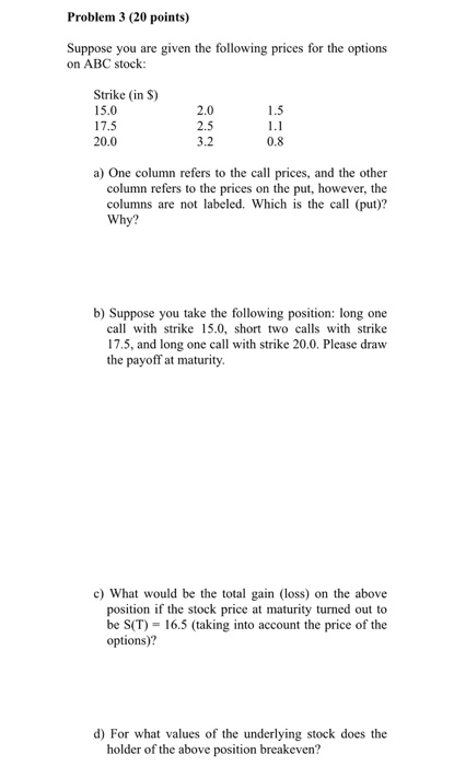 given the following prices for the options on ABC stock: 2.0 Strike