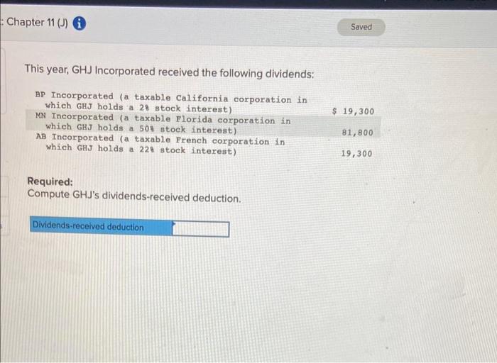  Chapter 11 (J) Saved This year, GHJ Incorporated received the following