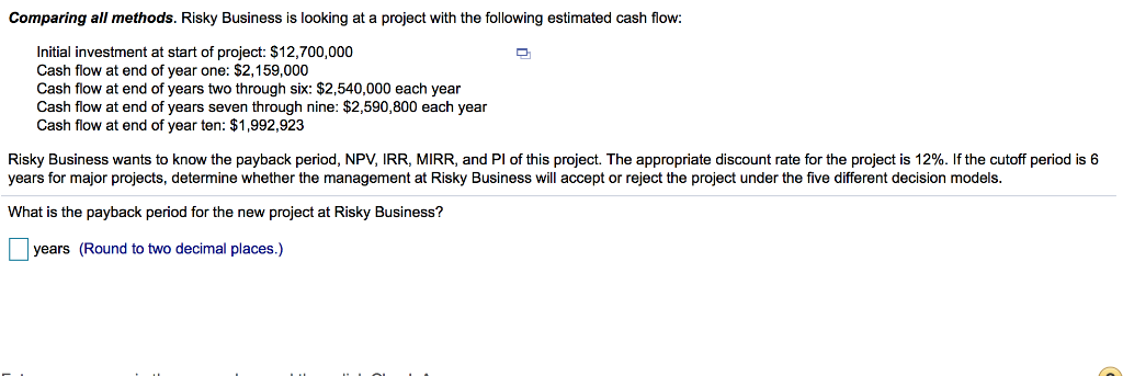 Comparing all methods. Risky Business is looking at a project with