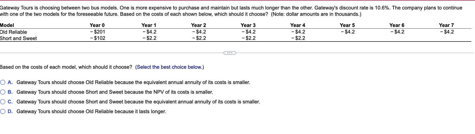  Gateway Tours is choosing between two bus models. One is more