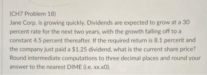  (CH7 Problem 18) Jane Corp. is growing quickly. Dividends are expected
