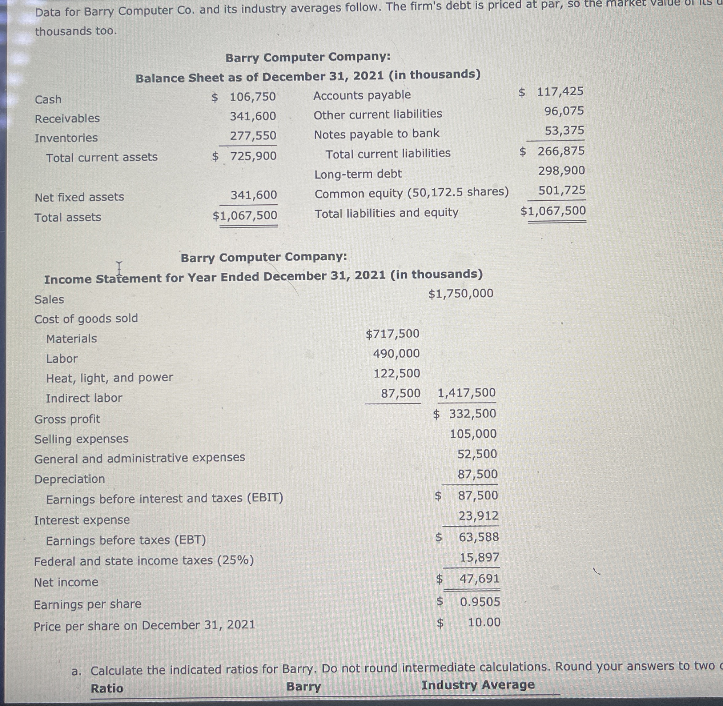  Data for Barry Computer Co. and its industry averages follow. The