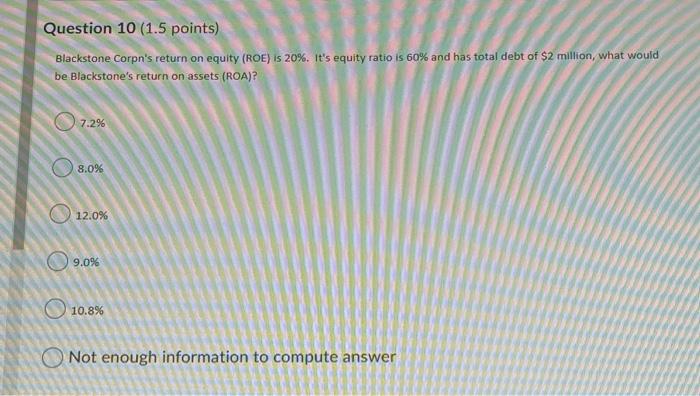  Question 10 (1.5 points) Blackstone Corpn's return on equity (ROE) is