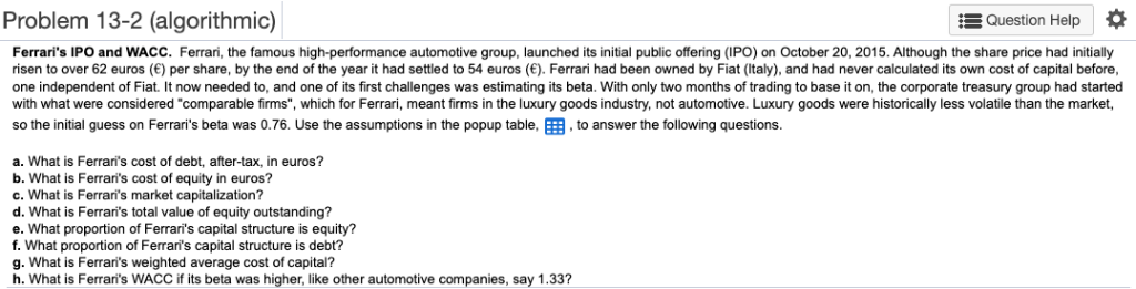 Problem 13-2 (algorithmic) Question Help Ferrari's IPO and WACC. Ferrari, the