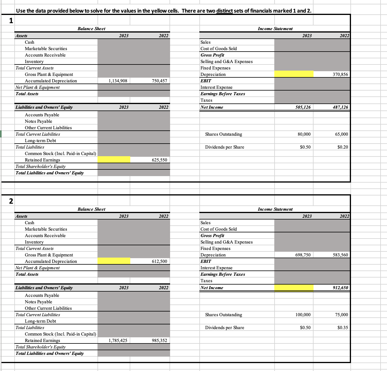  Use the data provided below to solve for the values in