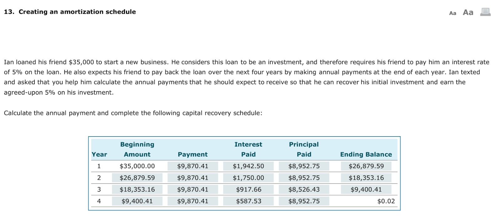  Solve this please. 13. Creating an amortization schedule Aa Aa E