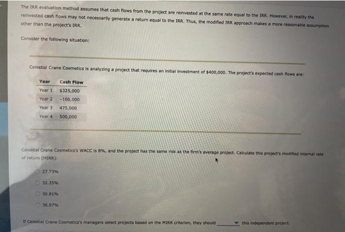  The IRR evaluation method assumes that cash flows from the project