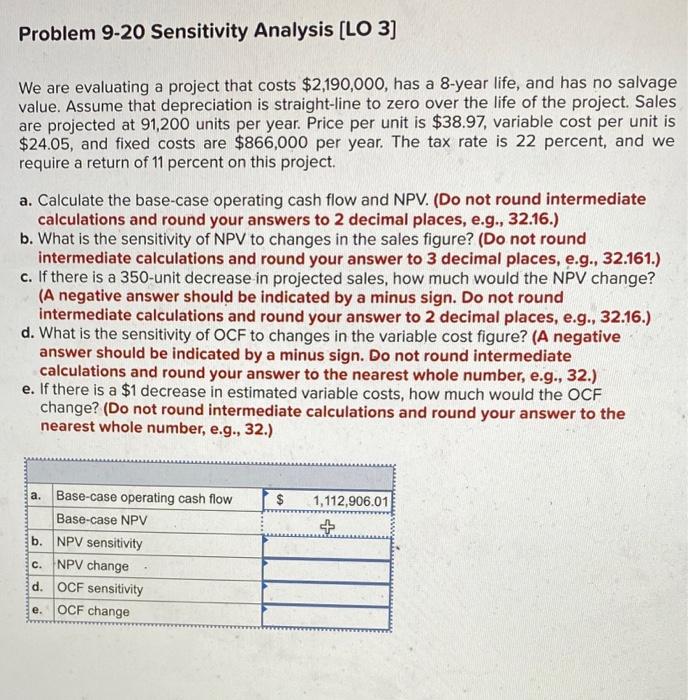  Problem 9-20 Sensitivity Analysis (LO 3] We are evaluating a project