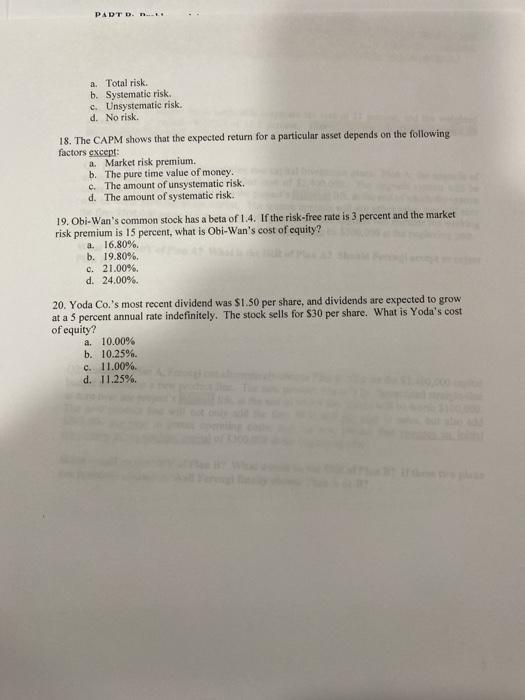 20 is b 17. The capital assets pricing model (CAPM) tells us