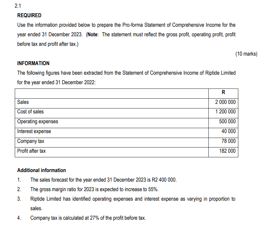 REQUIRED Use the information provided below to prepare the Pro-forma Statement