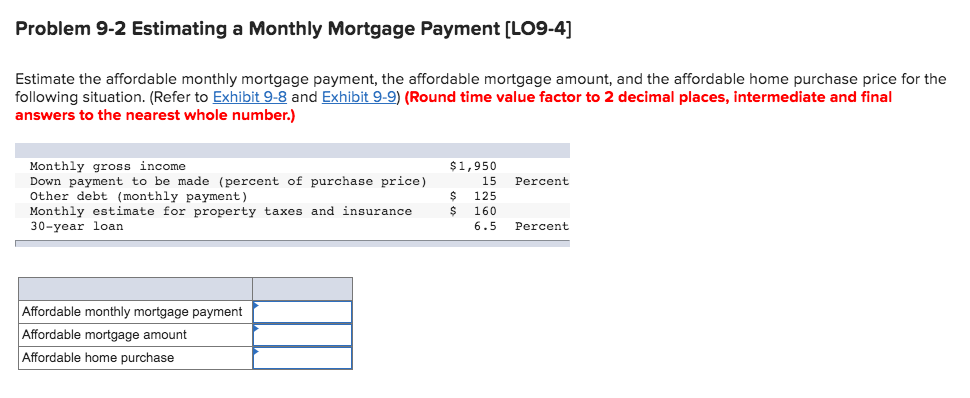  Problem 9-2 Estimating a Monthly Mortgage Payment [LO9-4] Estimate the affordable