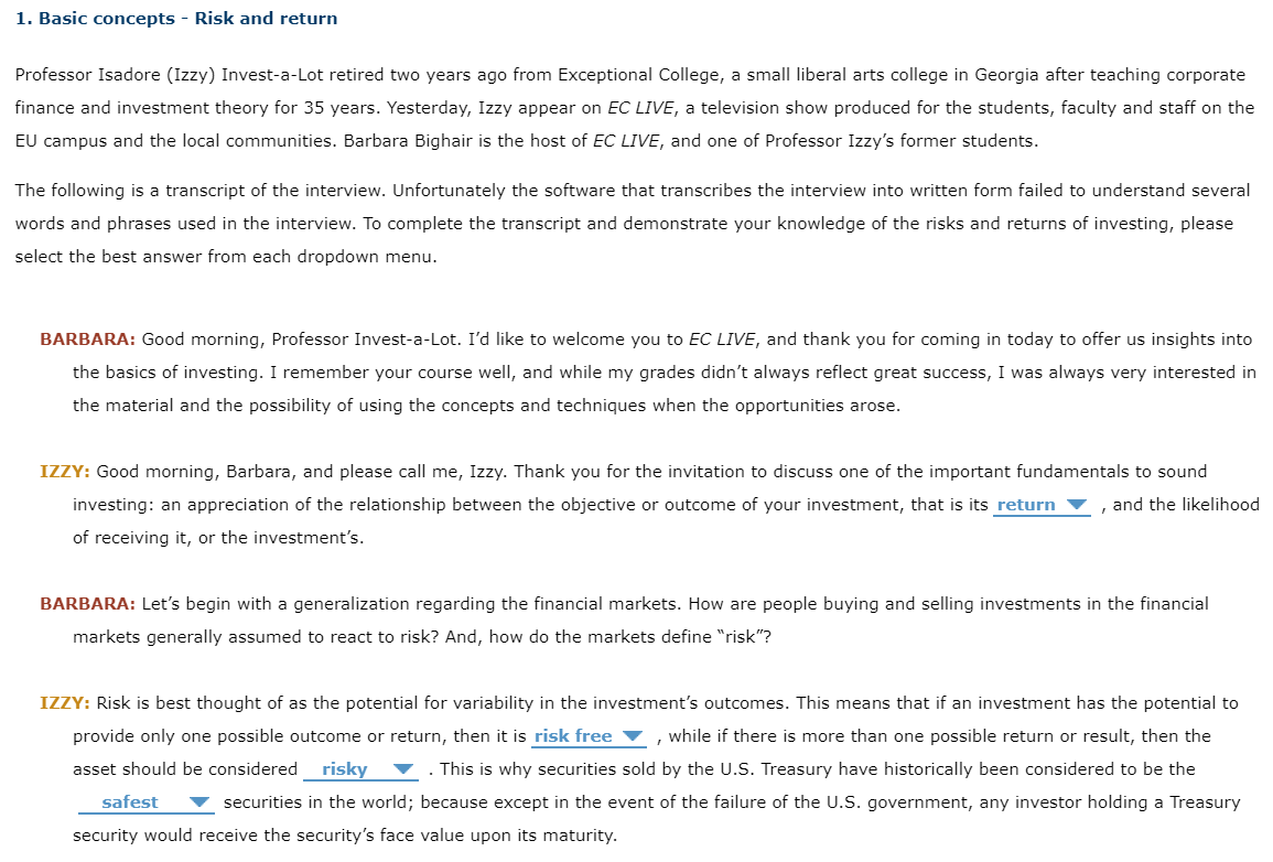 Answer Options: 1a) Return / Risk 1b) Risky / Risk Free 1c)