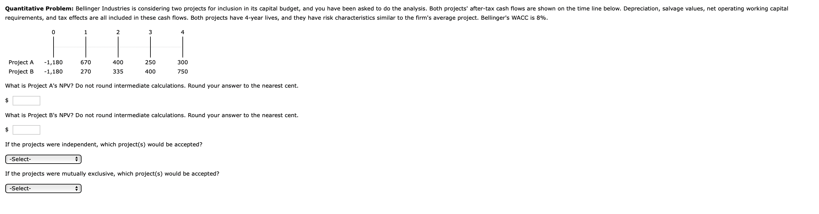  What is Project A's NPV? Do not round intermediate calculations. Round
