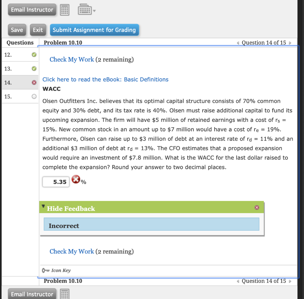  Email Instructor Save Exit Submit Assignment for Grading Questions Problem 10.10