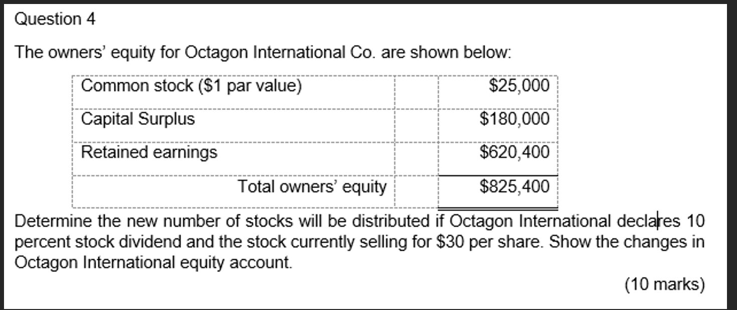 answer this question provided in picture Question 4 The owners' equity for