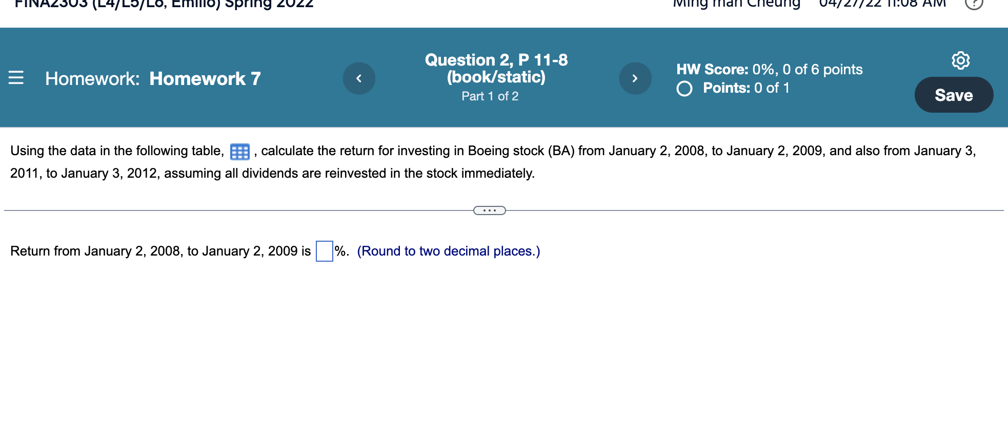 SP Ming 11:08 AIVI = Homework: Homework 7 Question 2, P