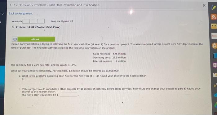 Ch 12: Homework Problems - Cash Flow Estimation and Risk Analysis